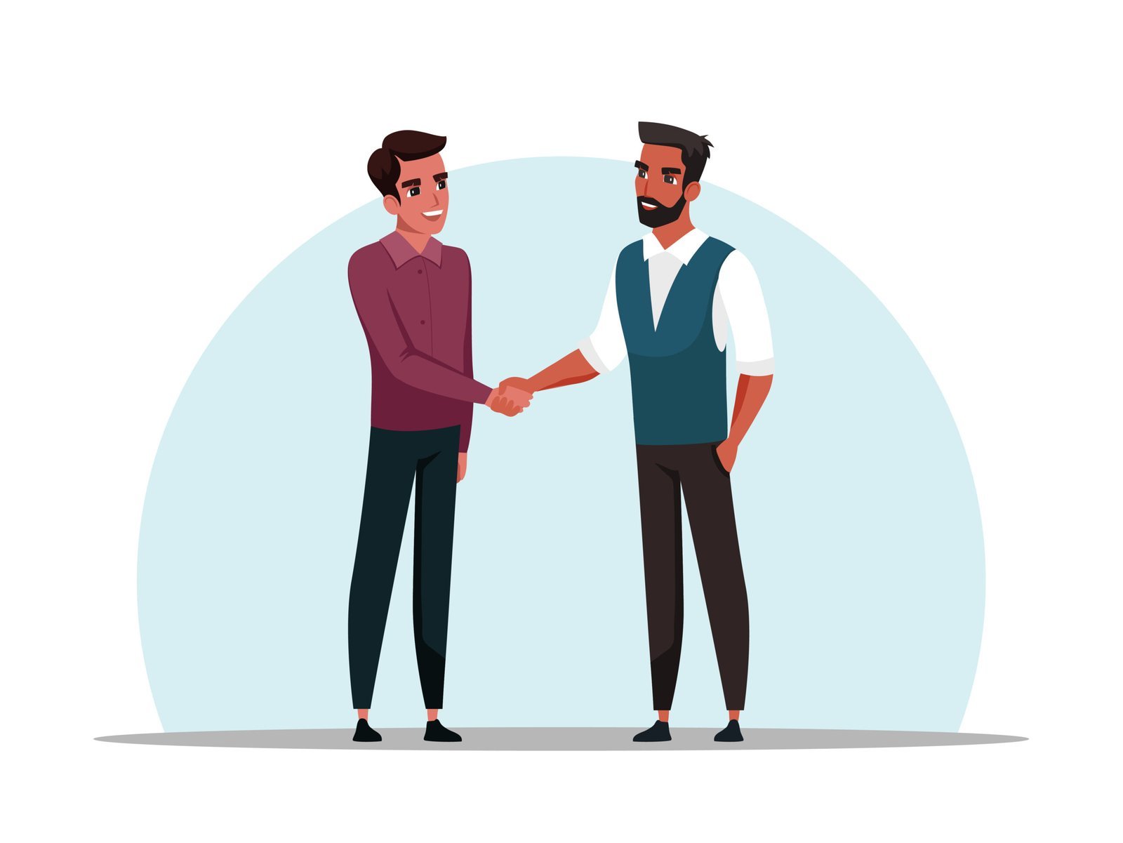 About two men shake hands with each other isolated on white background. meeting and greeting friends, businessmen deal agreement, illustration of partnership cooperation, communication